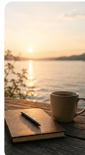 Kaffe og notesbog ved vandet i varmt morgenlys